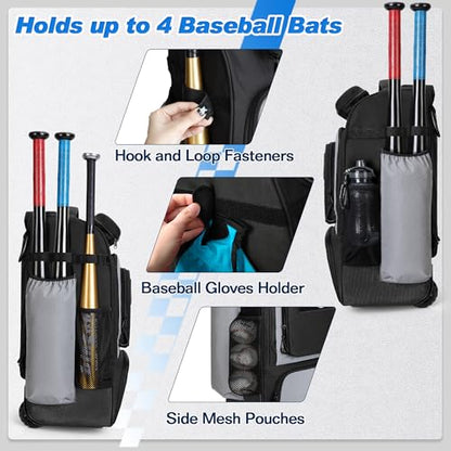 GOBUROS Rolling Baseball Backpack with Wheels, Softball Catchers Equipment Bag Holds 4 Bats, Roller Baseball Backpack with Shoe Compartment and Multiple Pockets for Baseball Gear with Fence Hooks