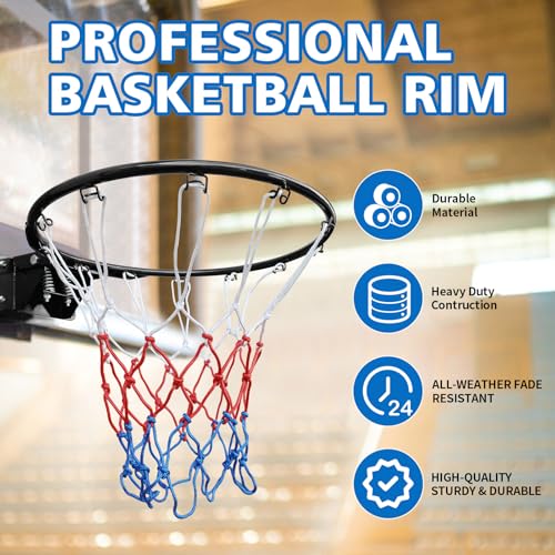 Solid Basketball Rim, Athfiner 18" Basketball Hoop Replacement Wall Mounted Outdoor Indoor Hanging Double Spring with All Weather Net
