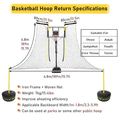 Basketball Return Attachment for Hoop with Net, Rotatable Automatic Shooting Basketball Rebounder Device for Basketball Goal, Gym School for Shot Training Efficiency