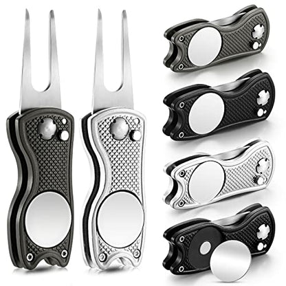 Skylety 6 Packs Golf Repair Tool Stainless Steel Foldable Golf Divot Tool Magnetic Button Ball Marker - color: Black, Silver, Gray