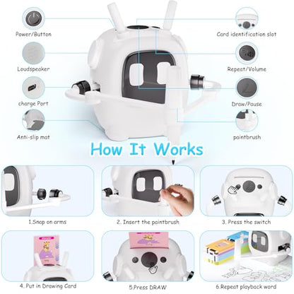 Drawing Robot for Kids: Interactive Educational Toy - Auto Drawing Machine with 192 Cards & 10 Pens - Montessori Learning Gifts for 3-8 Year Old Boys Girls - color: White