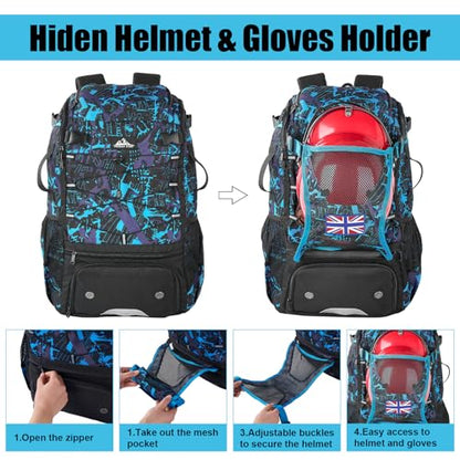 45L Youth Baseball Bat Bag, Softball Bag, Baseball Equipment Backpack Bag with Shoe Compartment - color: Blue