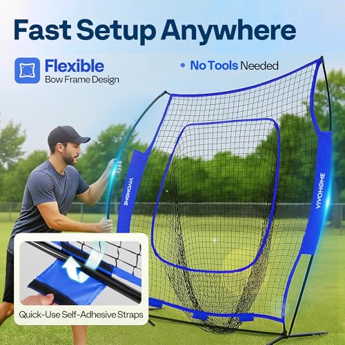 VIVOHOME Baseball Softball Batting Net - 7x7 Ft Baseball Backstop, Softball Practice Net for Hitting, Pitching, Throwing with Batting Tee and Carry Bag - style: 7 x 7 ft Blue Net with Tee