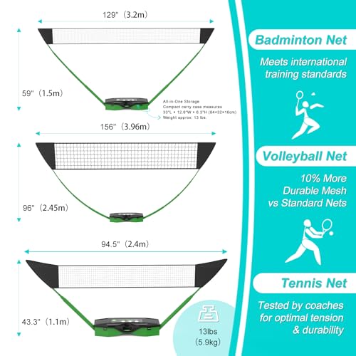 Badminton Set,Volleyball Set,Tennis Set with Storage Base.for Gatherings with Friends,Backyard Fun,Beach outings,Grassy Fields,and Other Outdoor Activities.Complete 3-in-1 Accessory Set.