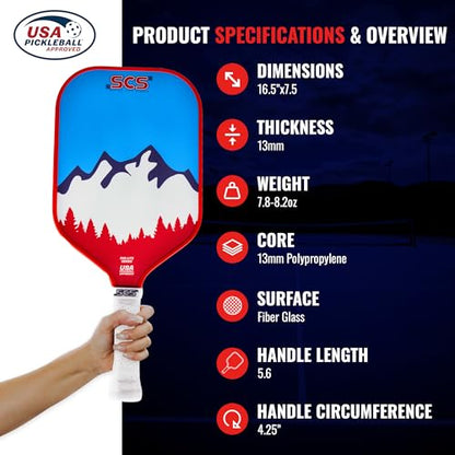 SCS Carbon Fiber Pickleball Paddle – USAPA Approved 2024 – Lightweight, Enhanced Spin, Sure-Grip Handle – Evo-Lite Series for Intermediate Players - color: Peak