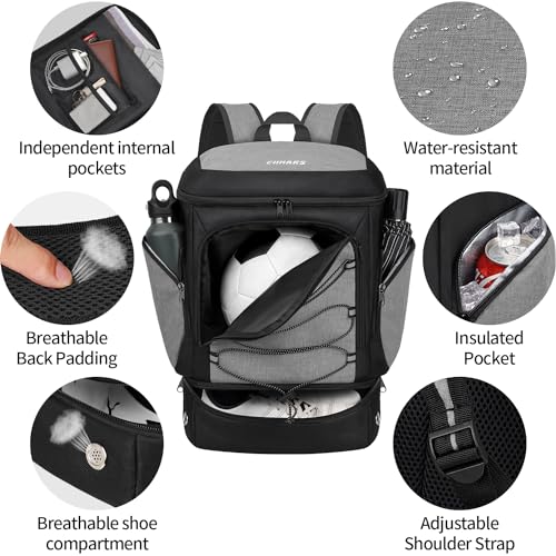 Soccer Bag - Soccer Backpack with Ball Holder,Sport Equipment Bags gifts for soccer stuff Water resistant Includes Separate Cleat Fit Basketball Volleyball Football - color: Grey