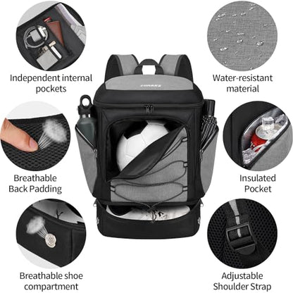 Soccer Bag - Soccer Backpack with Ball Holder,Sport Equipment Bags gifts for soccer stuff Water resistant Includes Separate Cleat Fit Basketball Volleyball Football - color: Grey