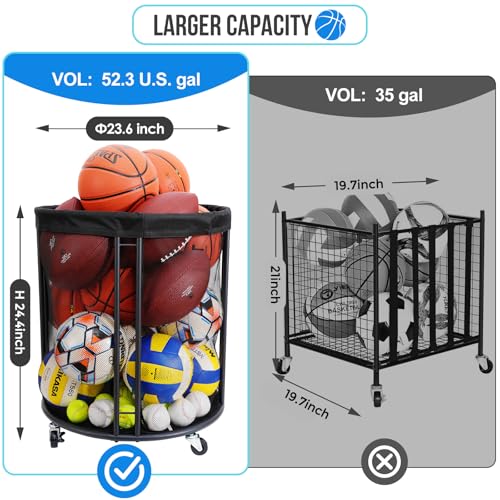 Ball Storage Bin for Garage, Balls Holder for Soccer, Basketball, Ball Cart, Rolling Basketball Rack for Outdoor, Indoor