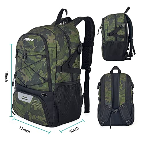 GRANDUP Basketball backpack with ball and shoes compartment Fit Volleyball, soccer, Swim, Gym, Travel, and School, large capacity sports training equipment bags - color: camo art