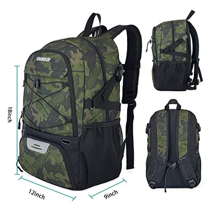 GRANDUP Basketball backpack with ball and shoes compartment Fit Volleyball, soccer, Swim, Gym, Travel, and School, large capacity sports training equipment bags - color: camo art