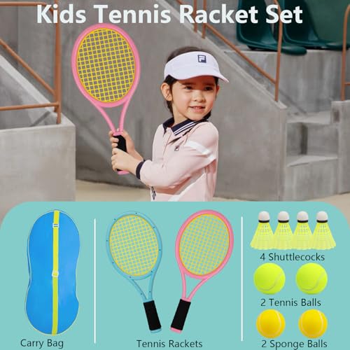Kids Tennis Racket 17 Inch Lightweight for Junior Toddlers - Includes 2 Tennis Balls, 2 Sponge Balls, 4 Shuttlecocks & Carry Bag - color: Blue & Pink
