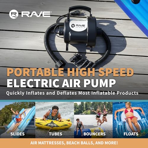 Rave Sports Electric Air Pump – Portable High Speed Inflator/Deflator for Inflatables, Water Slides, Air Mattresses & Pool Toys with 5 Adaptors