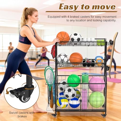 Outdoor Storage Sports Equipment Organizer, 3-Tier Heavy Duty Rolling Cart with Lockable Wheels, Removable Mesh Baskets & Bottom Bin for Balls, Bats, and Gear A
