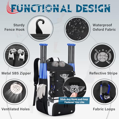 Baseball Bag Lightweight Softball Bags for Adults Youth 40L Large Baseball Backpack with Shoe Compartment, Helmet Holder, Fence Hook Waterproof Softball Bats Bag for T-Ball & Softball Equipment - color: Black & White