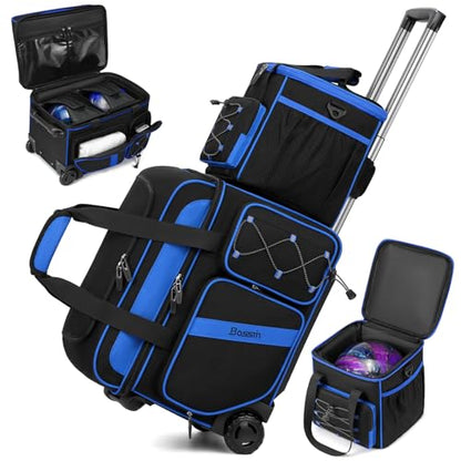 BOSSTIN 3 Ball Bowling Bag with Wheels, 2 Ball Bowling Bags Double roller with 1 Ball Add On Bag, Multi-Pockets & Shoe Compartment (Fits Up to Size 15) - color: Blue