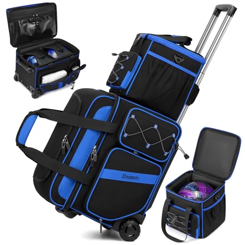 BOSSTIN 3 Ball Bowling Bag with Wheels, 2 Ball Bowling Bags Double roller with 1 Ball Add On Bag, Multi-Pockets & Shoe Compartment (Fits Up to Size 15) - color: Blue