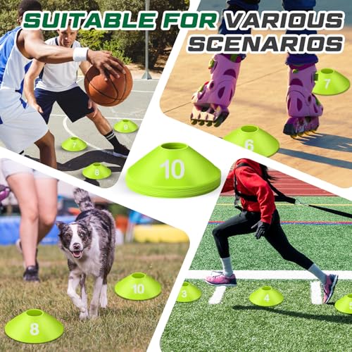 10 Pcs Numbered Sports Disc Cones 1-10 Soccer Cones with Mesh Carry Bag Flexible Agility Cones Soft Field Cones for Gym PE Classes School Activities Games, Sports Training Equipment - color: Green