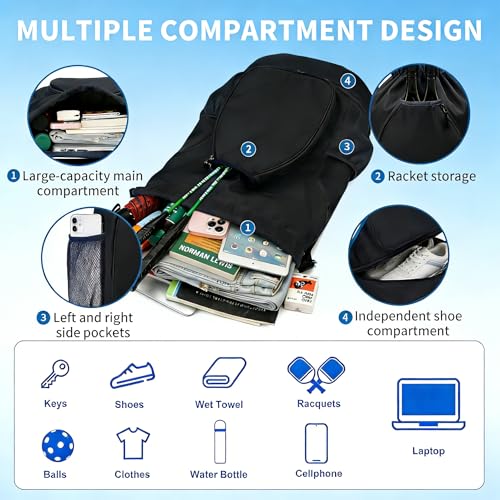 Pickleball Bag with Shoe Compartment & Water Bottle Pocket, Adjustable Pickleball Equipment Backpack for 2 Paddles, Large Capacity Pickle Ball Paddle Bag for Women & Man, Black