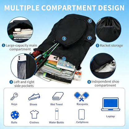 Pickleball Bag with Shoe Compartment & Water Bottle Pocket, Adjustable Pickleball Equipment Backpack for 2 Paddles, Large Capacity Pickle Ball Paddle Bag for Women & Man, Black