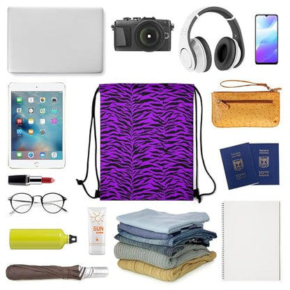 Theft Proof Drawstring Backpack Cinch Sack Water Resistant for Travel Camping Sports Equipment Men Women, Animal Purple Tiger Stripes Art Bags - color: Picture (376)