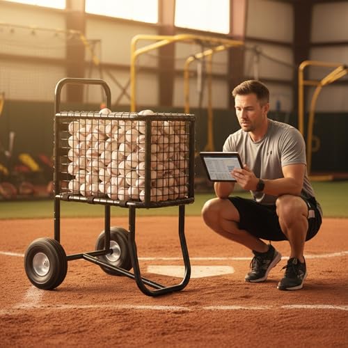 Baseball Cart with 10" Wheels - Large Capacity Ball Holder for Batting Cage & BP, Portable Softball Caddy Holds 300 Baseballs/150 Softballs, Heavy Duty Storage with Anti-Sag Strap (Black)