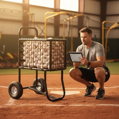 Baseball Cart with 10" Wheels - Large Capacity Ball Holder for Batting Cage & BP, Portable Softball Caddy Holds 300 Baseballs/150 Softballs, Heavy Duty Storage with Anti-Sag Strap (Black)
