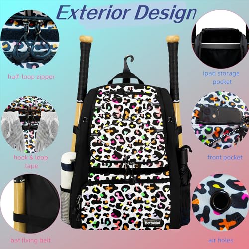 Youth Baseball Bag with Vented Shoe Compartment, Softball Bat Bag for Batting Mitten, Helmet, Teeball Gear - Adult Boys Girls Kids - color: Color Leopard