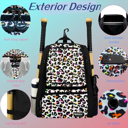 Youth Baseball Bag with Vented Shoe Compartment, Softball Bat Bag for Batting Mitten, Helmet, Teeball Gear - Adult Boys Girls Kids - color: Color Leopard