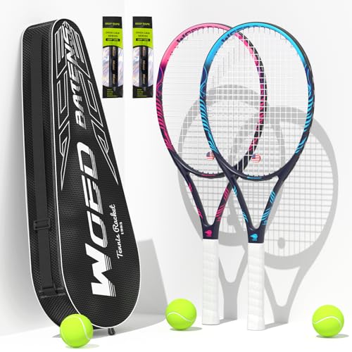 Adult 2 Player Tennis Racket Perfect for Beginner and Professional Players, 27” Speed Tennis Racquet Include Tennis Balls, Overgrips, Tennis Bag, Vibration Dampe, Cover - color: Black Blue & Pink