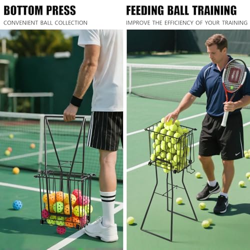 Tennis & Pickleball Hopper with Wheels – Ball Pick Up Basket, Pickleball Ball Retriever Ball Holder Storage Holds 75 Tennis Balls & 50 Pickleballs