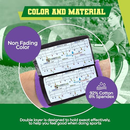 Football Play Wristbands - Youth Quarterback Gear - Wristband Playbook for Football and Softball Signs - color: Purple