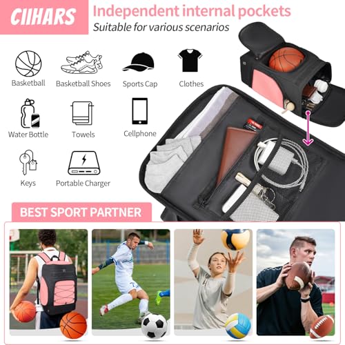 Basketball Backpack Bag Large Sports Bag with Separate Ball holder & Shoes compartment, Best for Basketball, Soccer,Volleyball,Gym - color: Hot Pink