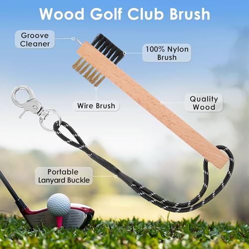 Feekoon 2 Pcs Wood Golf Club Brush, Groove Cleaner with Rope and Metal Clip, Oversized Brush Head, Heavy Duty Nylon Bristles for Cleaning Grooves on Clubs Golf Accessories