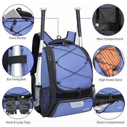 DAFISKY Baseball Bag Softball Backpack - Youth Adult T Ball Bat Equipment Bag with Bat Helmet Holders, Shoe Compartment - color: Purple