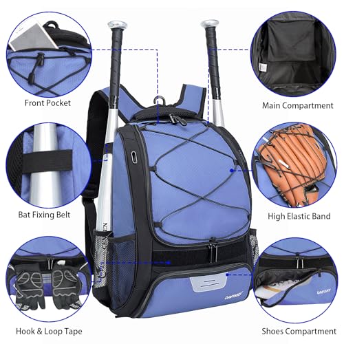 DAFISKY Baseball Bag Softball Backpack - Youth Adult T Ball Bat Equipment Bag with Bat Helmet Holders, Shoe Compartment - color: Purple
