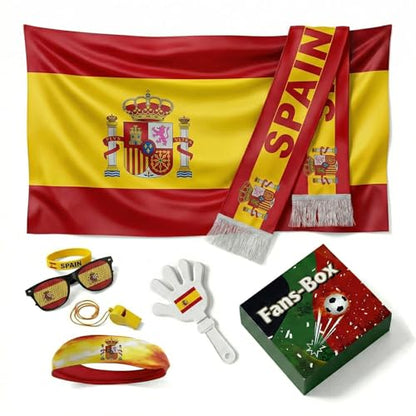 Soccer Fan Gear Set 2026-7 Piece Game Day Kit with Flag, Scarf, Glasses, Whistle, Clapper, Wristband & Headband in Gift Box - Watch Party & Stadium Essentials for Spain - color: Spain