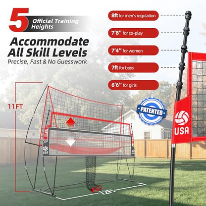 2-in-1 Volleyball Practice Net Station with Patented 5-Height (6'6'' to 8'), Heavy Duty Training System for Hitting Spiking Serving, Backyard Indoor Outdoor Trainer Equipment