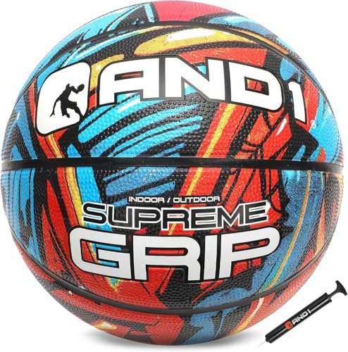AND1 Supreme Grip Official Regulation Size 7 (29.5 inches) Rubber Basketball - Deep Channel Construction Streetball, Made for Indoor Outdoor Games - color: Blue/Red