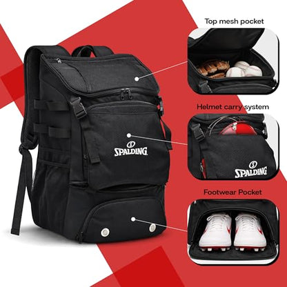 Spalding Baseball Backpack Baseball Bag | Youth & Adult Large Backpack with Compartment for Tball Softball Sports Gear | Fits Bat Glove Shoes Ball Helmet | Waterproof Adult Bat Bag Softball Gift - color: Black