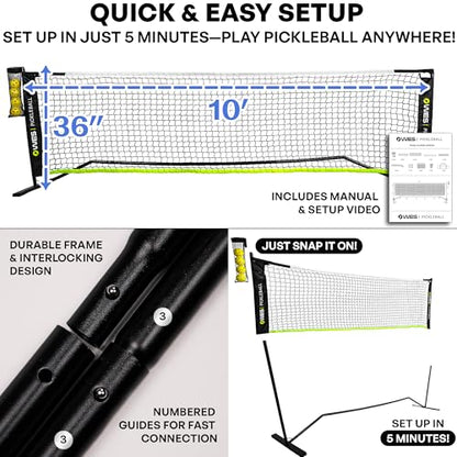 10ft Mini Pickleball Net Set – Half Court Pickleball Net with Ball Holder, Premium Travel Bag & 4 Pickleballs – Easy Setup, Heavy-Duty Frame & Reinforced Fabric Net for Driveway