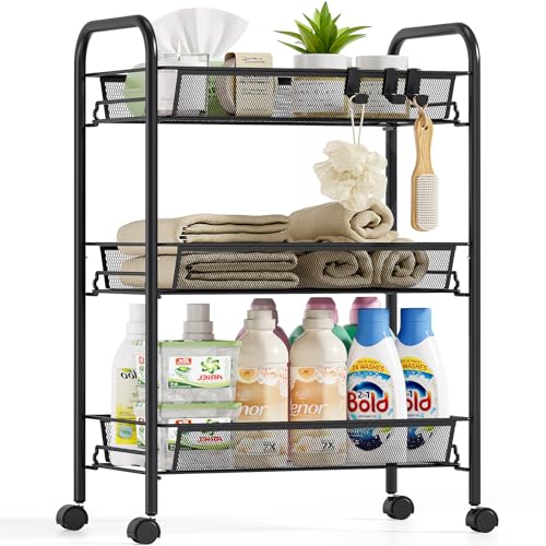 SYKIARIOL Metal Rolling Utility Cart, 3-Tier Mesh Wire Storage Trolley with Easy Assembly, Organizer Craft Cart 3 Hooks, Mobile Shelving Unit for Kitchen, Bathroom, Laundry Room, and Home - color: Black, size: 3-Tier