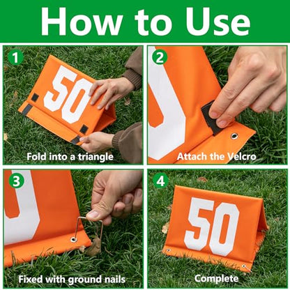 Set of 11 Standing Football Yard Markers, High Visibility Football Field Line Signs with Carrying Bag, Orange Field Yard Markers for Sport Training Equipment