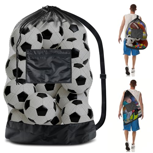 BROTOU Extra Large Soccer Ball Net Bag, 40" x 30" Drawstring Mesh Ball Bag with Zipper Pocket, Sports Equipment Bag for Gym, Cloth, Beach, Swimming Gears - color: Black-1pc-Durable Upgrade