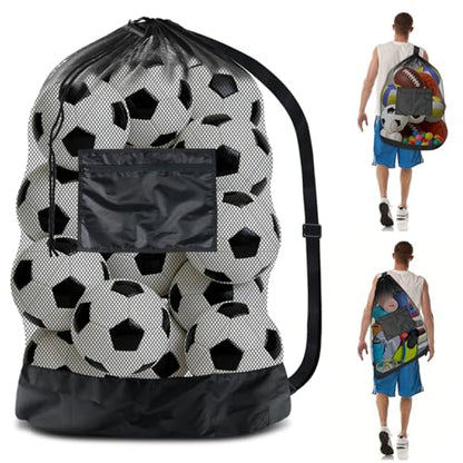 BROTOU Extra Large Soccer Ball Net Bag, 40" x 30" Drawstring Mesh Ball Bag with Zipper Pocket, Sports Equipment Bag for Gym, Cloth, Beach, Swimming Gears - color: Black-1pc-Durable Upgrade