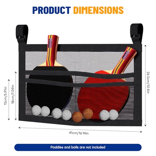 Ping Pong Paddle Holder, Hanging Mesh Storage Bag for Table Tennis Rackets & Balls, Under Table Organizer with Adjustable Straps, Fits Pickleball Paddles