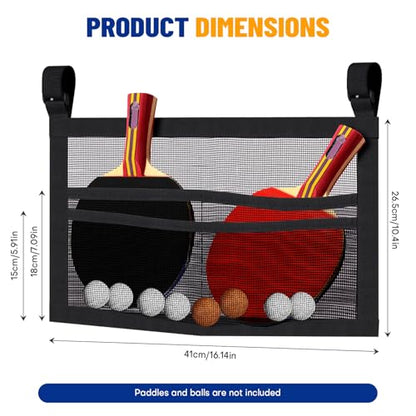 Ping Pong Paddle Holder, Hanging Mesh Storage Bag for Table Tennis Rackets & Balls, Under Table Organizer with Adjustable Straps, Fits Pickleball Paddles
