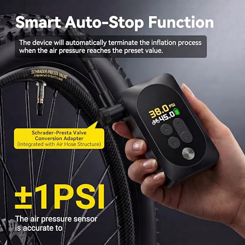 Mini Electric Bike Pump, 120g Ultra-Light 150 PSI Portable Bike Tire Inflator with Digital Gauge, USB-C Rechargeable Auto-Stop, Presta & Schrader for Road Mountain E-Bike