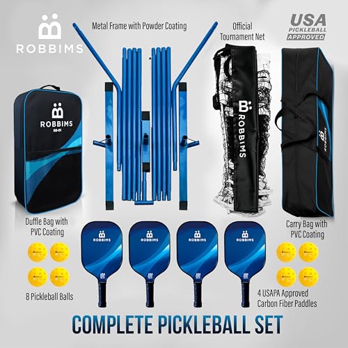 Pickleball Set with Net | 4 USA Pickleball Approved Carbon Fiber Paddles, Portable Regulation Size Net System, 8 Outdoor Balls, Duffle Bag & Carry Bag - ROBBIMS