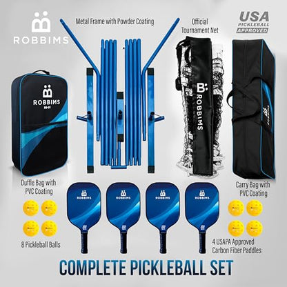 Pickleball Set with Net | 4 USA Pickleball Approved Carbon Fiber Paddles, Portable Regulation Size Net System, 8 Outdoor Balls, Duffle Bag & Carry Bag - ROBBIMS