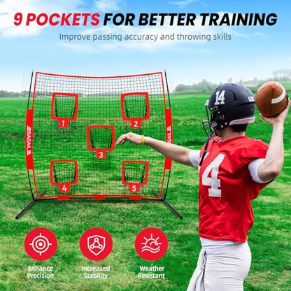 BAGAIL Football Throwing Net - 5 or 9 Target Pockets, Easy Setup, Heavy-Duty - Portable QB Accuracy Trainer, Fun Target Practice Net for Football with Carry Bag - color: Red, style: 7'x 7' - 5 Pockets